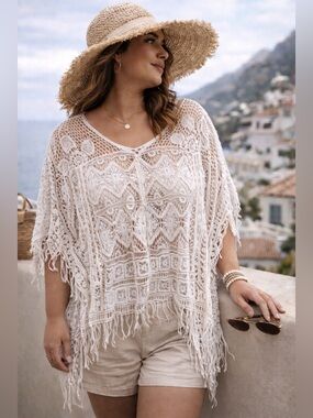 Lane Bryant White Crochet Poncho Top 22/24 Boho Fringe Beach Cover Up Plus Size